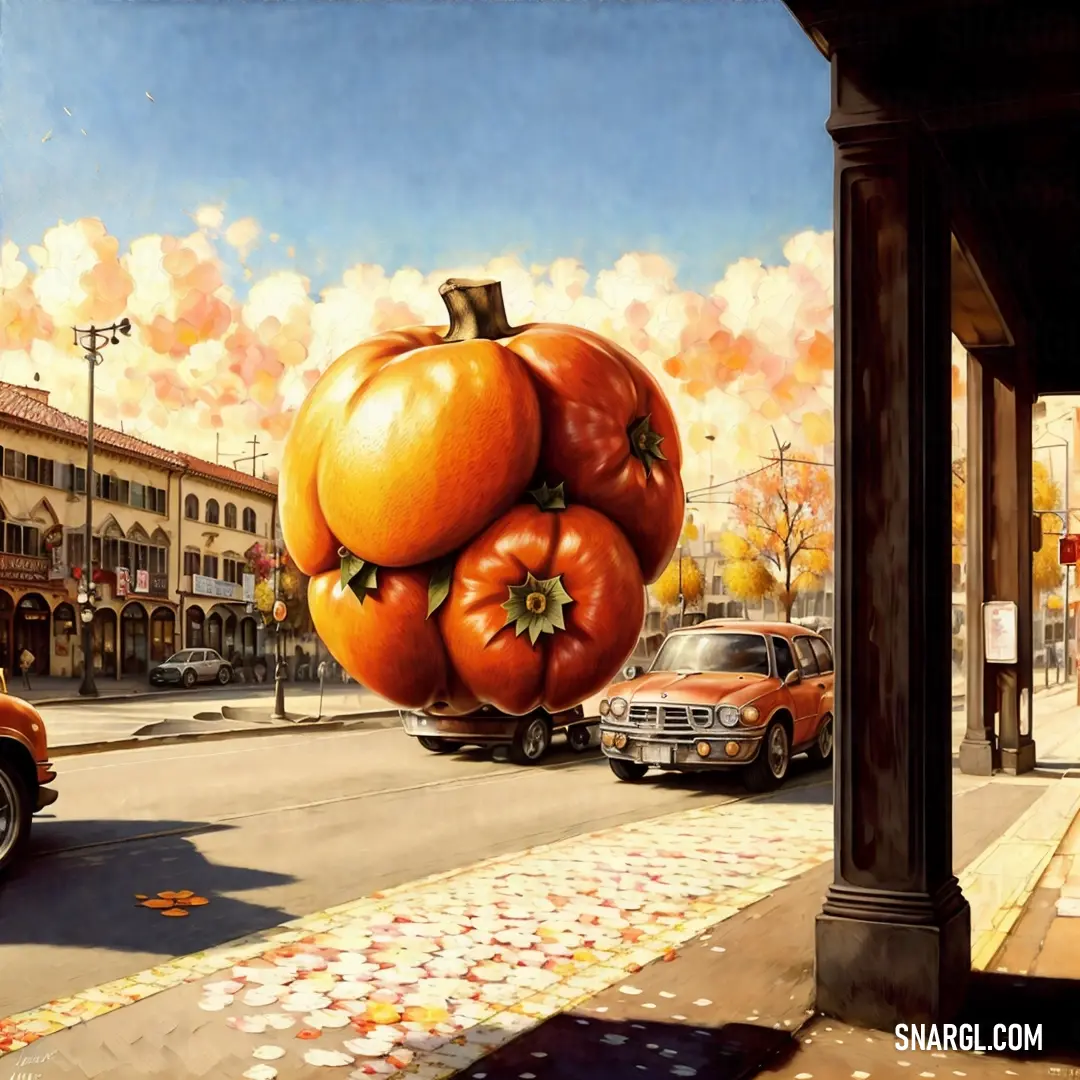 A whimsical painting of a giant pumpkin sitting on a city street. Cars are parked along the side of the road, and a building stands in the background, creating a playful contrast between the urban setting and the oversized pumpkin.