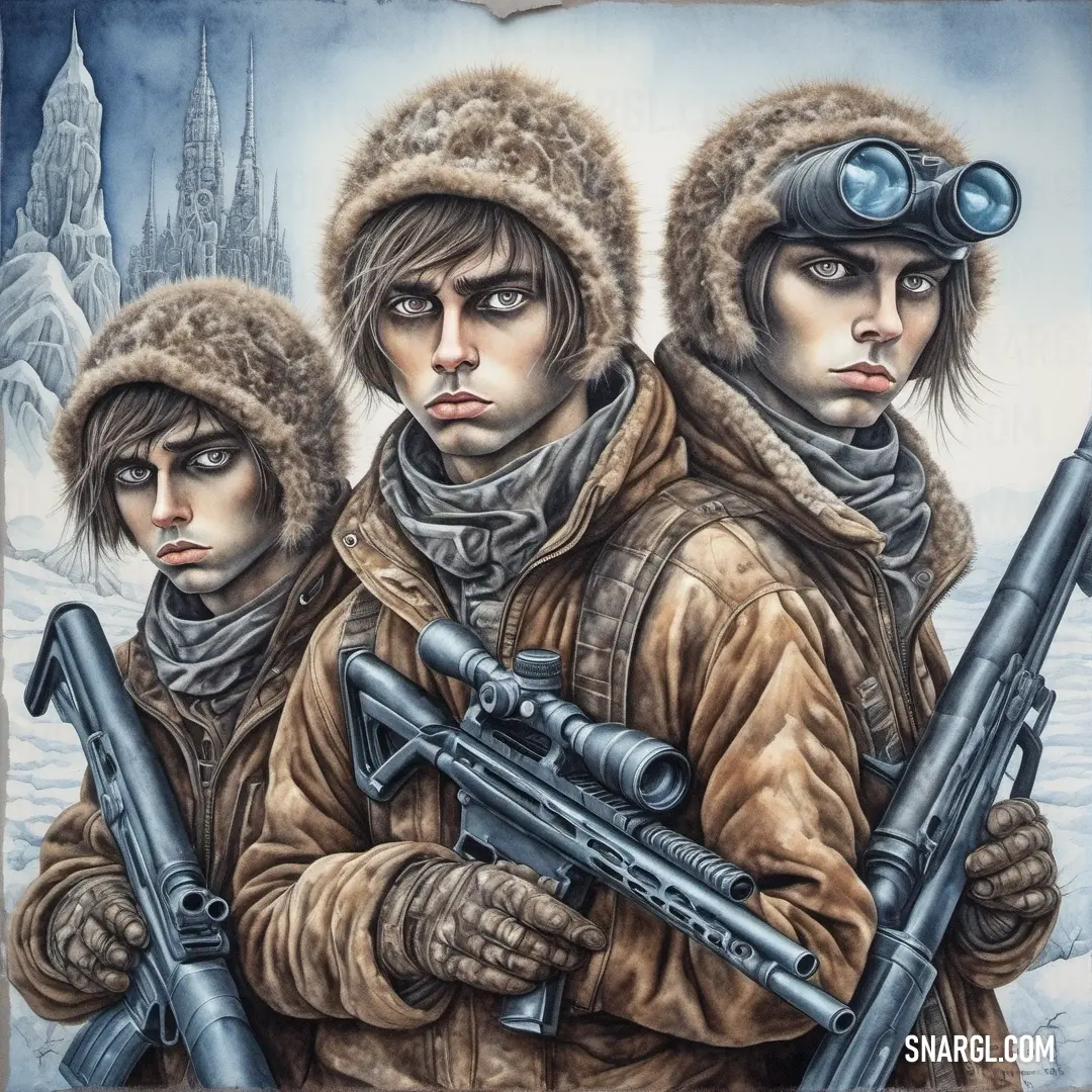 Painting of two men with guns and a woman with a hat on her head and a coat on. Color PANTONE 410.