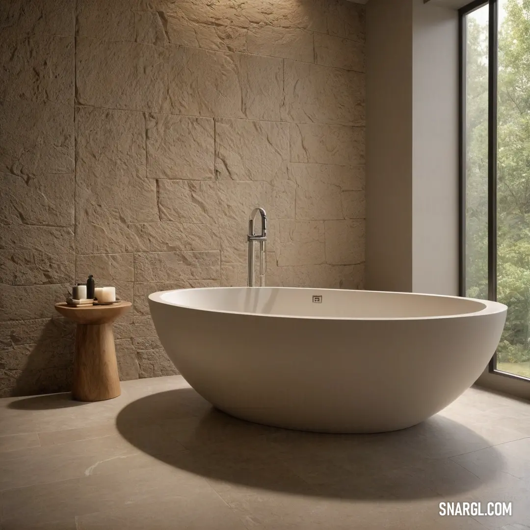 A spacious bathroom featuring a large, elegant white bathtub illuminated by natural light pouring in from a nearby window. Next to the tub, a charming wooden stool adds a touch of warmth to the serene atmosphere.