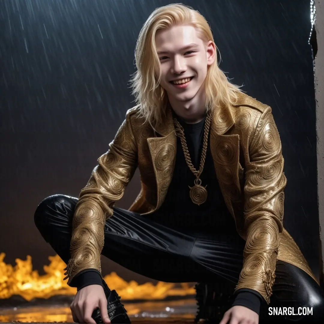 A cheerful man wearing a striking gold jacket and sleek black pants relaxes on the wet ground, illuminated by the soft glow of rain. His smile radiates warmth amidst the gloomy weather, embodying positivity and resilience in the face of nature's elements.