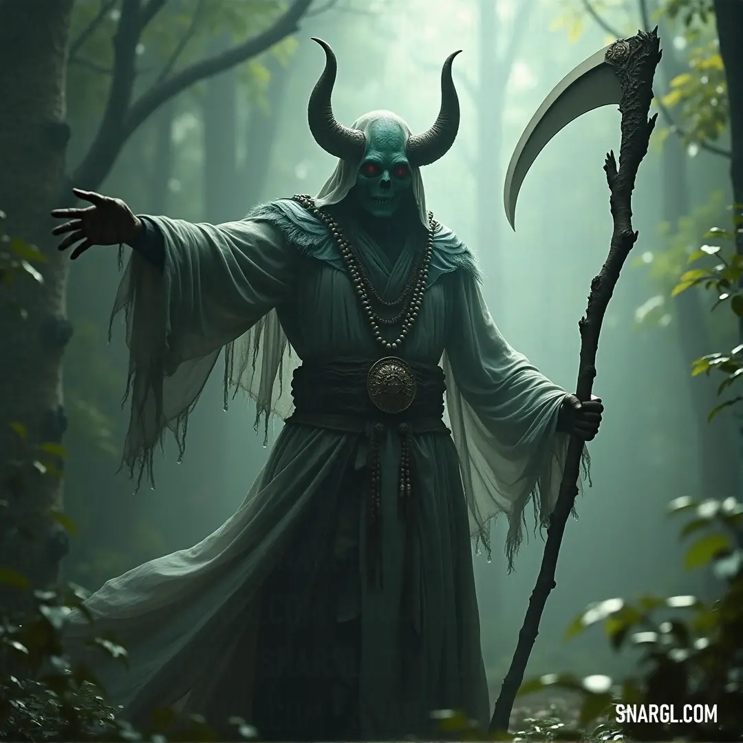 A man with a horned head holds a sturdy stick amidst a lush forest, his strong stance and confident demeanor juxtaposed against the vibrant foliage, suggesting a blend of wilderness and mystique.