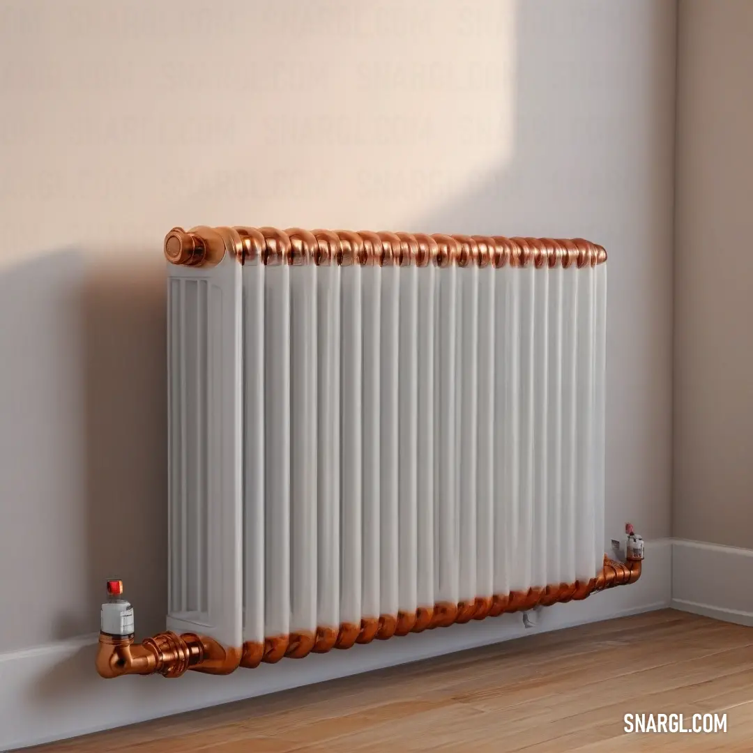 A radiator is placed against a white wall, with a wooden floor beneath it, set in a minimalist room filled with the subtle elegance of PANTONE 410, creating a peaceful and inviting atmosphere.