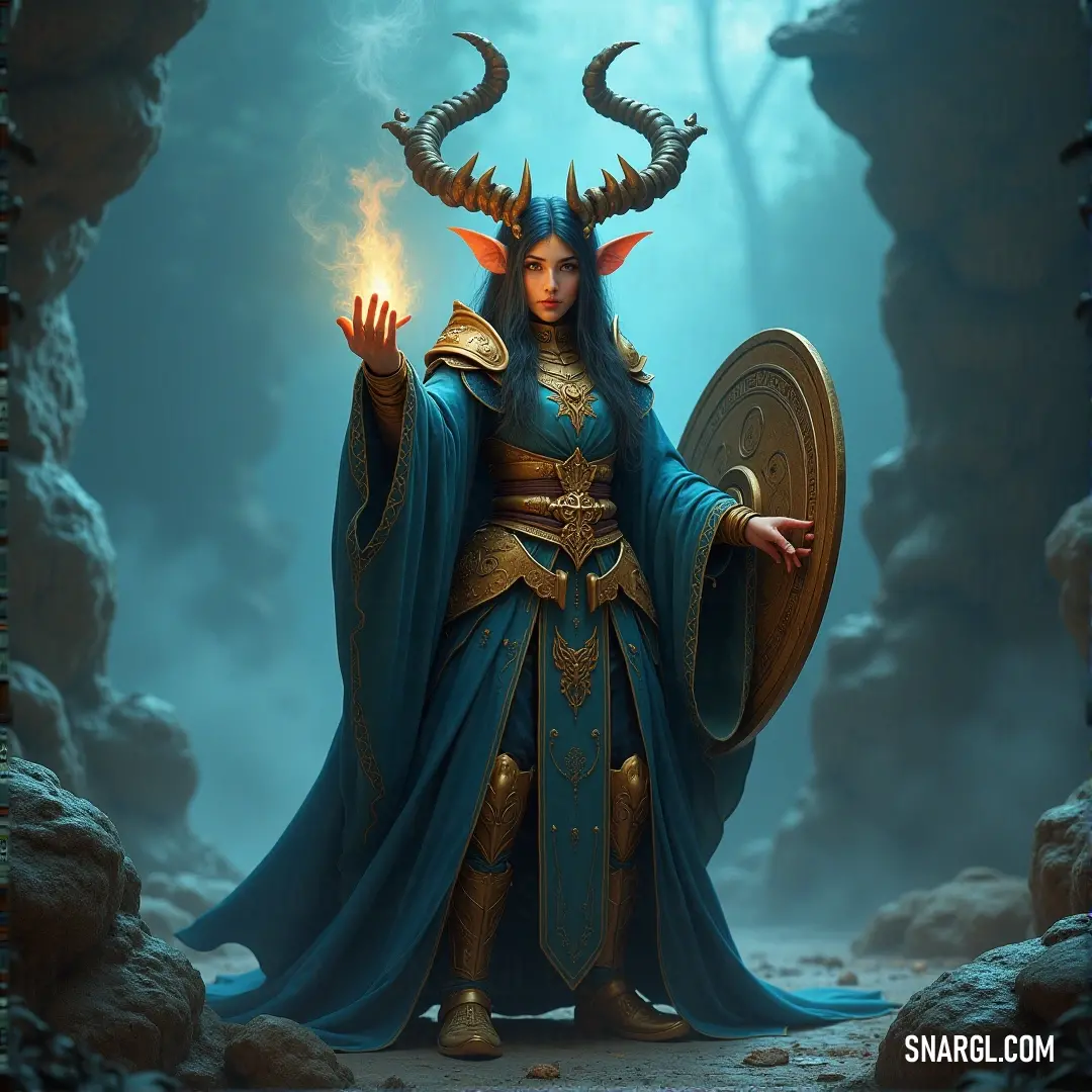 A mesmerizing woman adorned in a blue costume holds an ethereal fireball, her striking horned headdress exuding both elegance and power, casting a spell of enchantment in her environment.