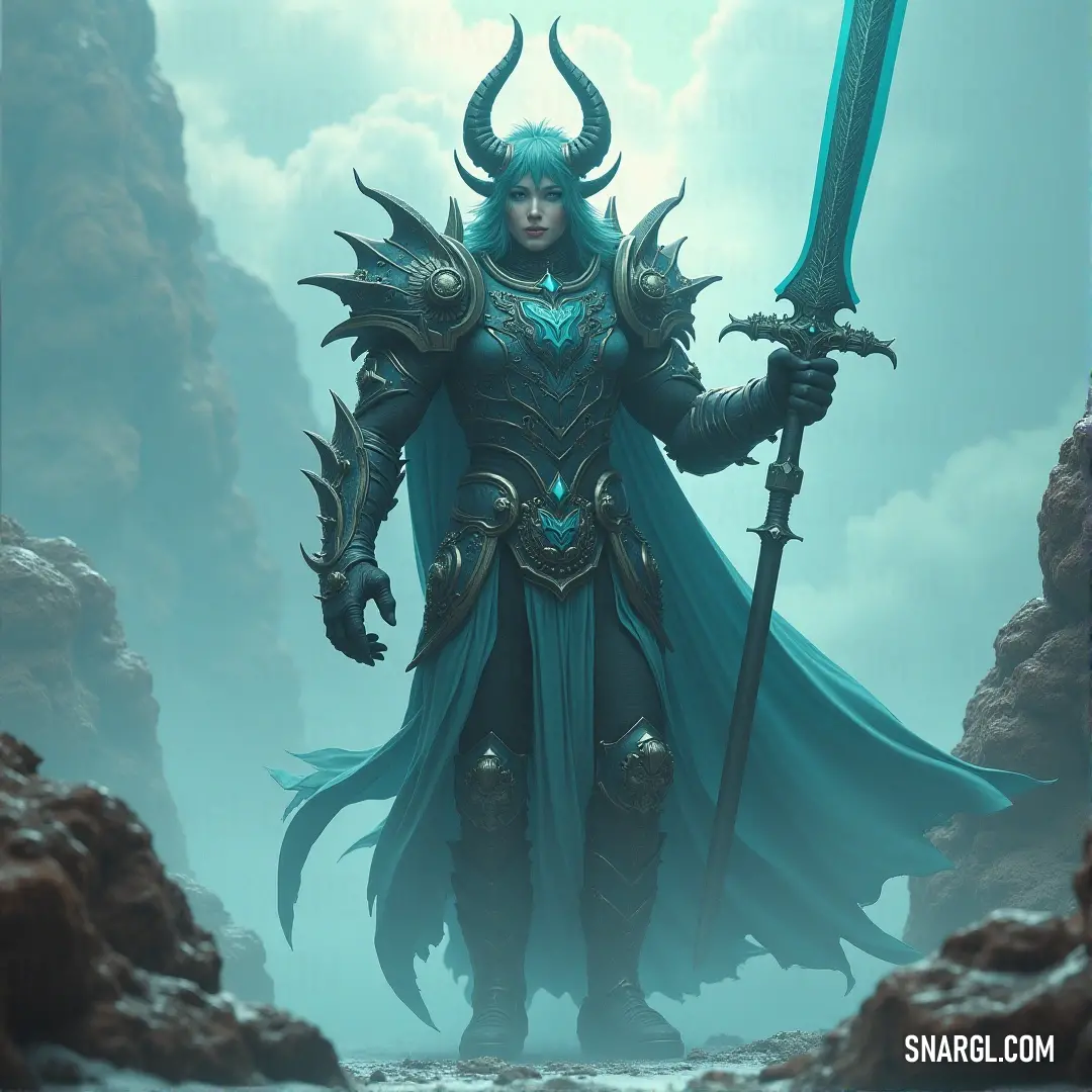 A fearsome woman with a horned head holds dual swords in a rocky terrain, her fierce expression and dynamic pose suggest an exhilarating energy as she stands ready for battle against the backdrop of nature.