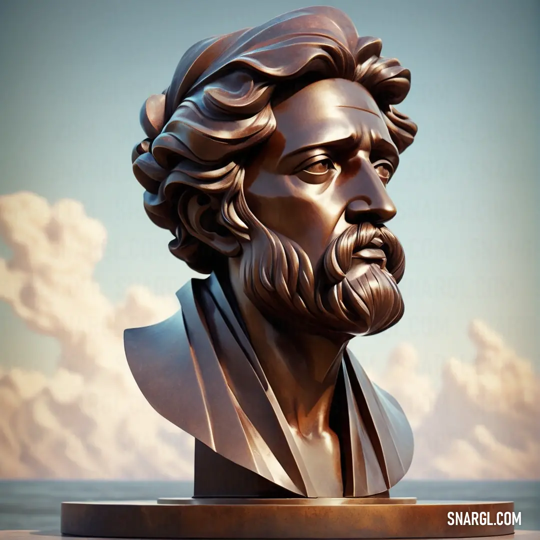 Bust of a man with a beard and a beard in a bronze finish on a pedestal with a cloudy sky in the background. Example of PANTONE 411 color.