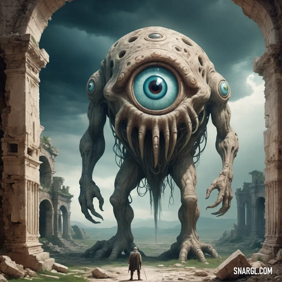 PANTONE 414 color example: Giant creature with a huge eye in a doorway with a man standing in front of it in a surreal landscape