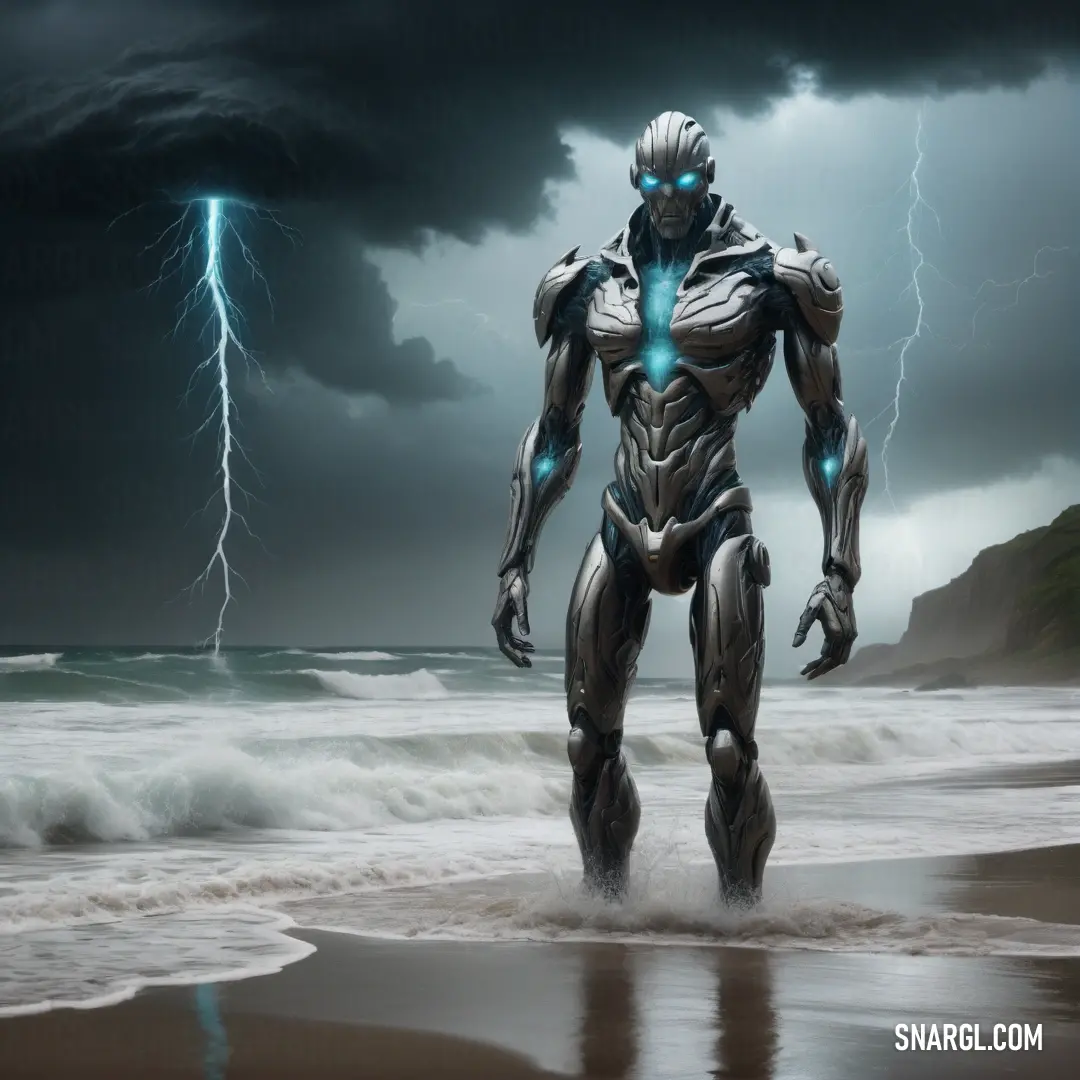 Robot walking on a beach with a lightning bolt in the background and a dark sky with clouds and lightning. Example of #AFAFA3 color.