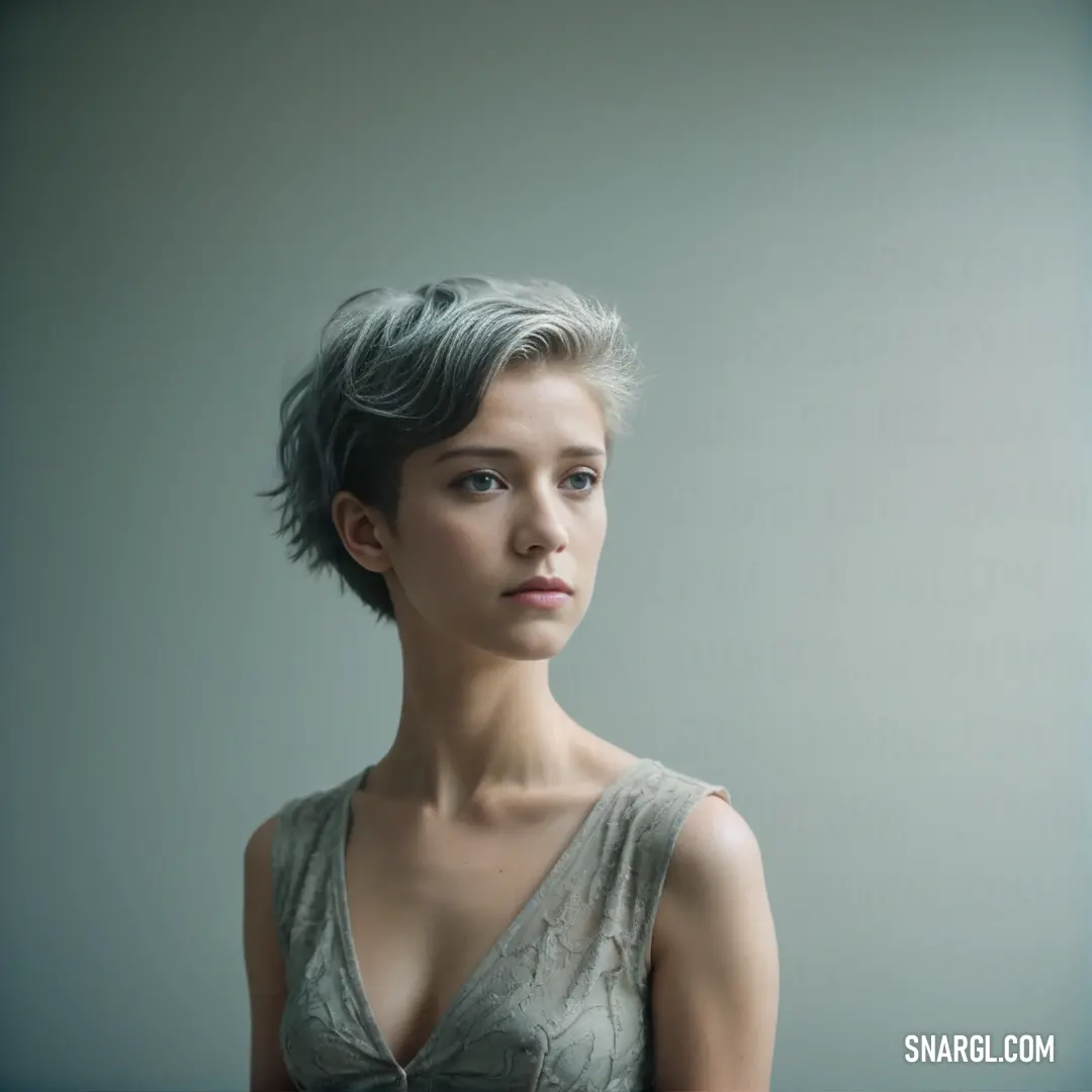 PANTONE 414 color. Woman with a short grey haircut and a grey dress is looking at the camera with a serious look on her face