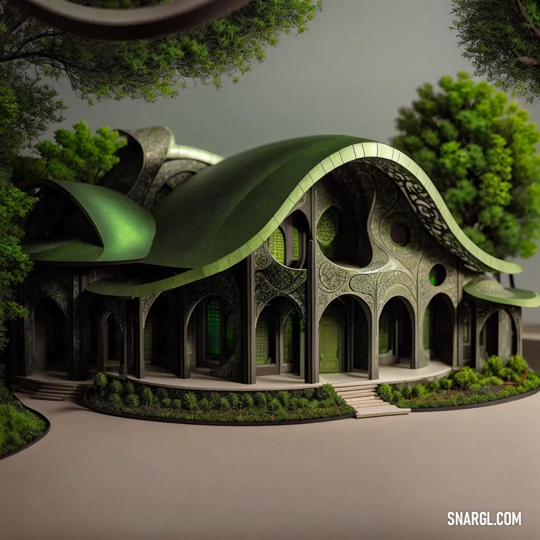 Green house with a green roof and a green roof and a green roof and trees and a gray background. Example of CMYK 22,14,23,38 color.