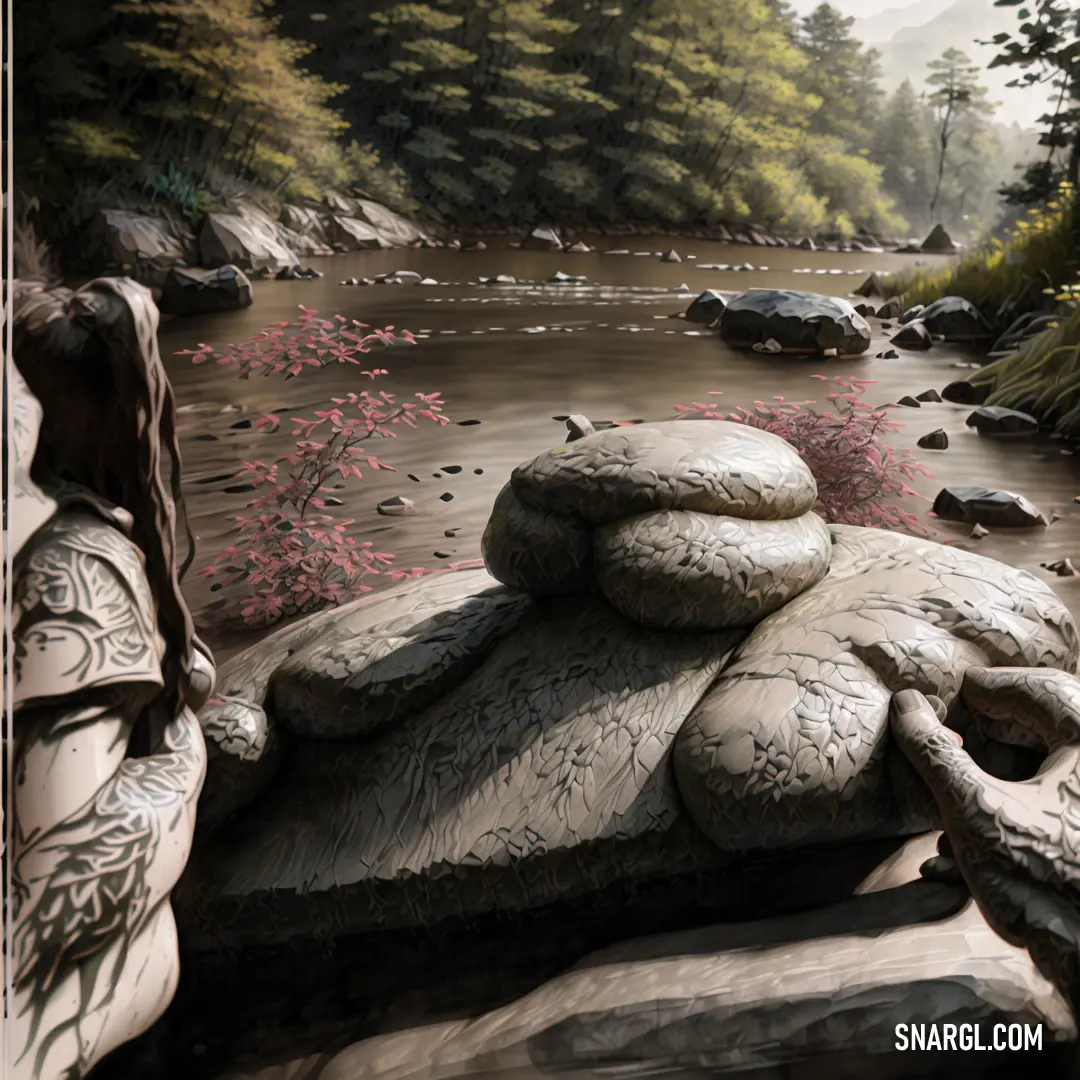Painting of a river with rocks and trees in the background. Color PANTONE 415.