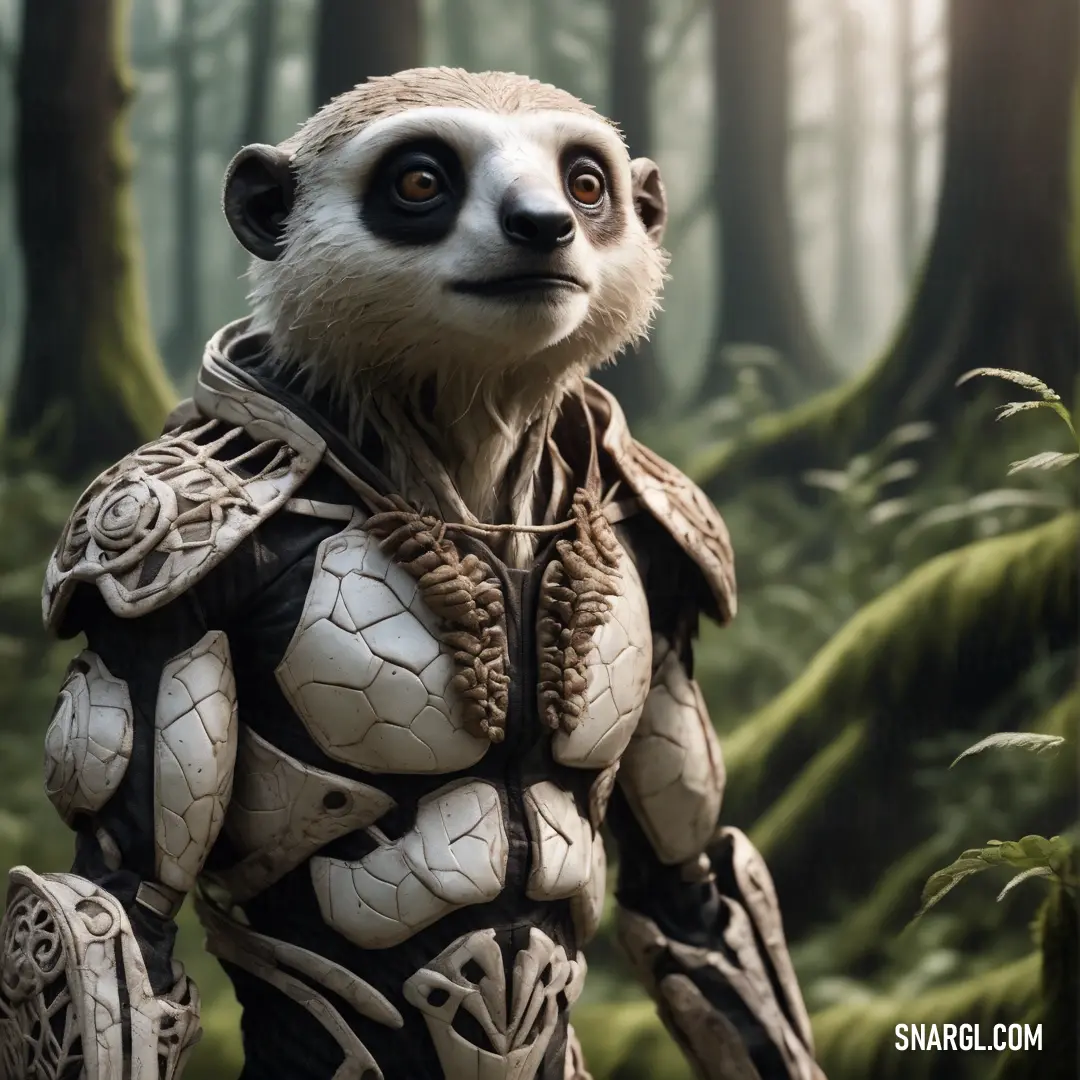 Meerkat in a forest with a helmet and armor on it's chest and a chain around his neck. Color CMYK 28,18,29,51.