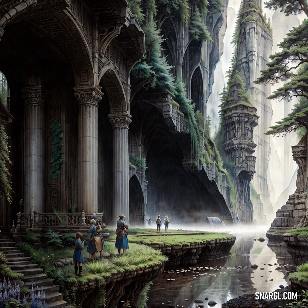Painting of a fantasy castle with a waterfall and people walking around it