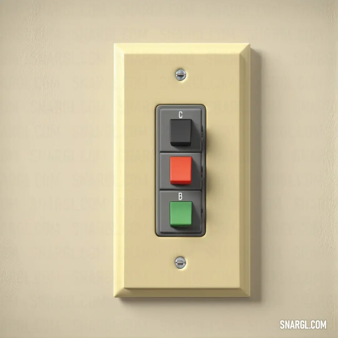 Light switch with two different colored buttons on it's side of a wall mounted switch box. Color CMYK 33,23,35,63.