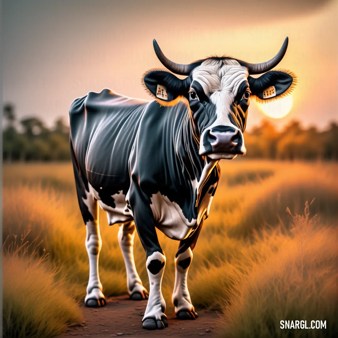 Cow standing on a road in a field of grass with the sun setting behind it and a field of tall grass behind it. Example of CMYK 86,70,69,95 color.
