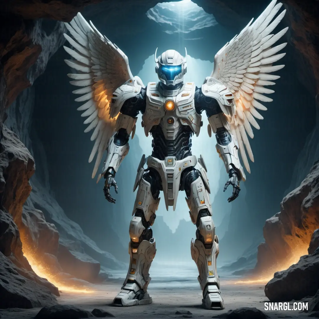 Robot with wings standing in a cave with a halo around his head and a halo around his head. Example of PANTONE 420 color.