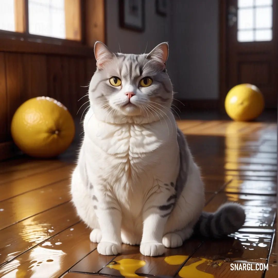 Cat on a wooden floor next to lemons on the floor and a door way in the background. Example of CMYK 13,8,11,26 color.