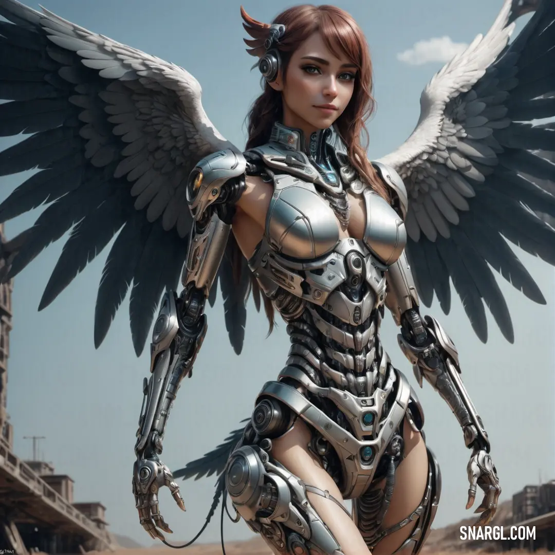 Woman with wings and a body suit on, standing in a desert area with a building in the background. Color RGB 165,167,168.