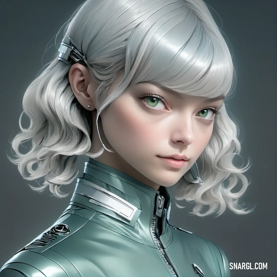 Digital painting of a woman with blonde hair and green eyes wearing a silver