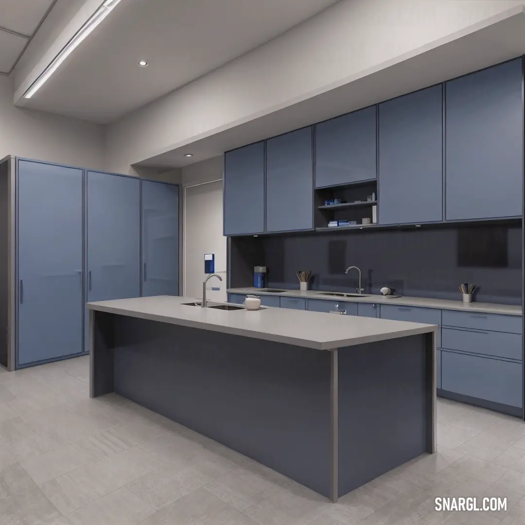 Kitchen with a large island and blue cabinets in it's center island area. Example of #939694 color.