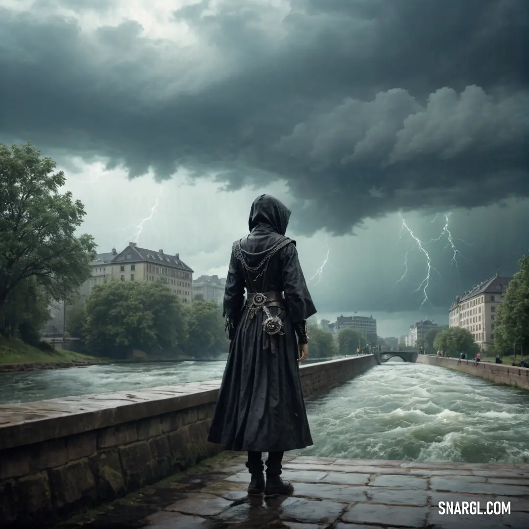 PANTONE 423 color. Person in a long coat standing on a bridge looking at a river with a storm in the background