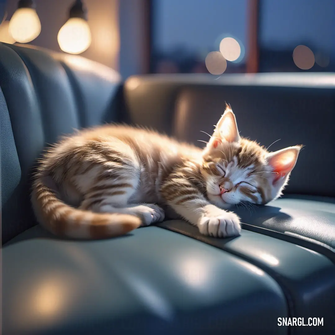 Cat sleeping on a blue leather couch with its eyes closed and eyes closed. Example of PANTONE 464 color.