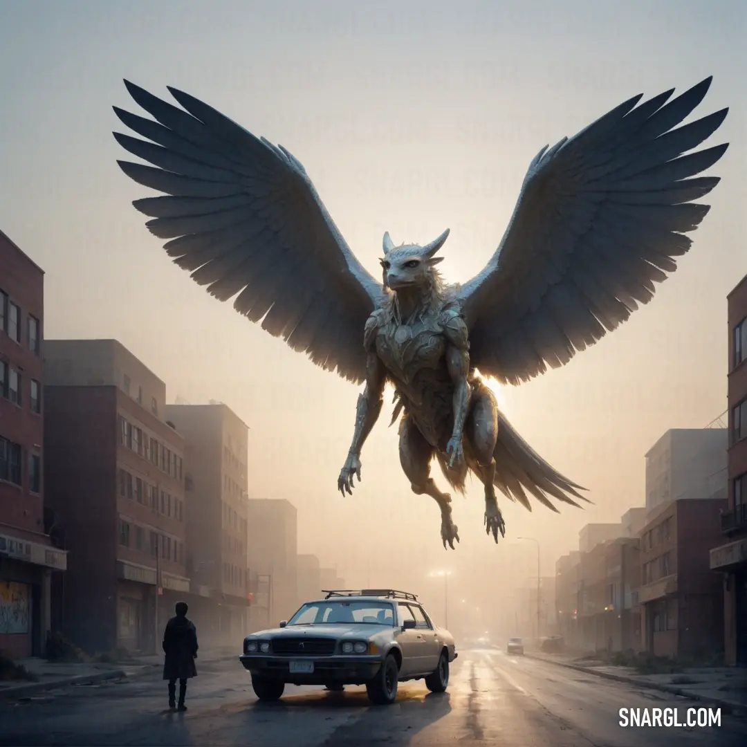 Large bird flying over a car in a street next to tall buildings and a man standing next to it. Example of CMYK 30,20,19,58 color.