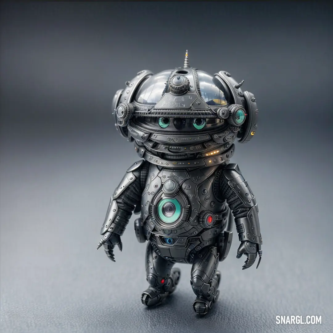 Robot with a helmet and eyes standing on a table with a gray background