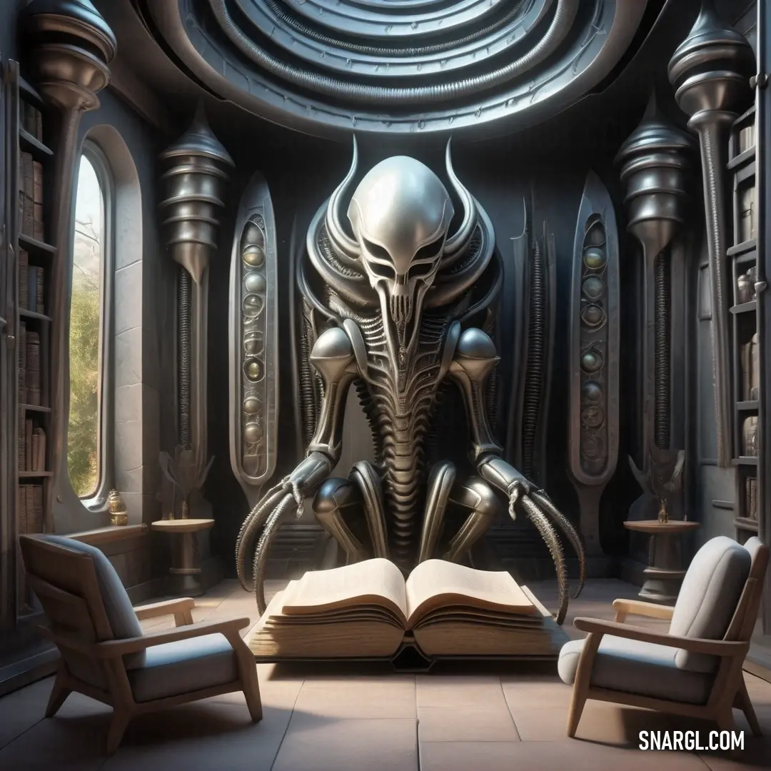 PANTONE 424 color. Room with a book and a chair and an alien like creature on it's back in front of a window