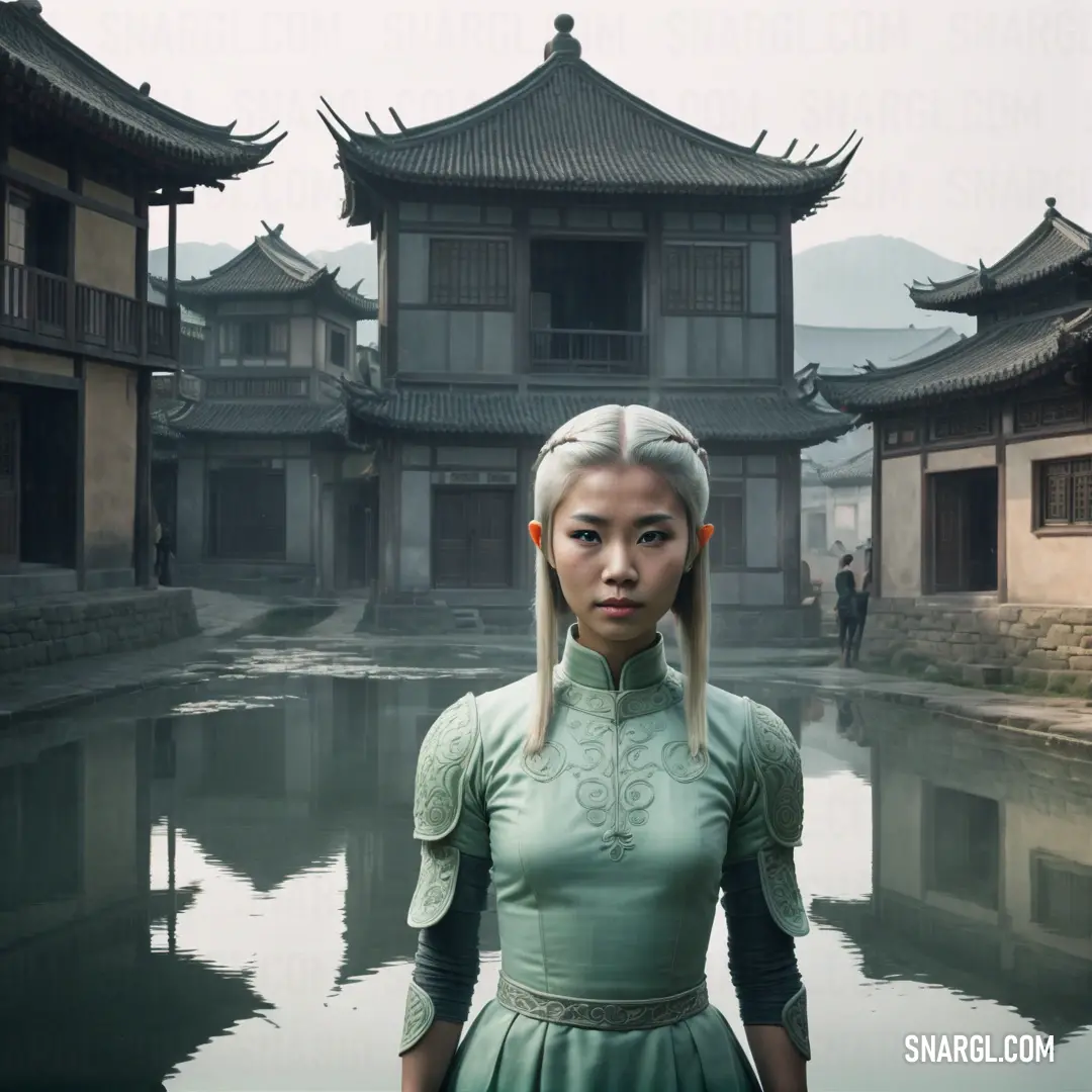 Woman with a long white hair standing in front of a pond in a chinese courtyard with a pagoda in the background