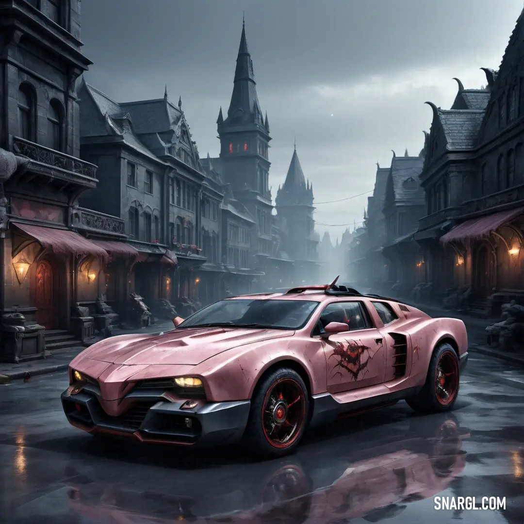 PANTONE 425 color. Pink car parked in front of a castle like building in a dark city at night with lights on