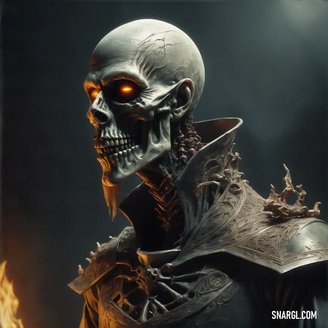Skeleton with a helmet and a sword in his hand, with flames in the background. Example of RGB 37,40,43 color.