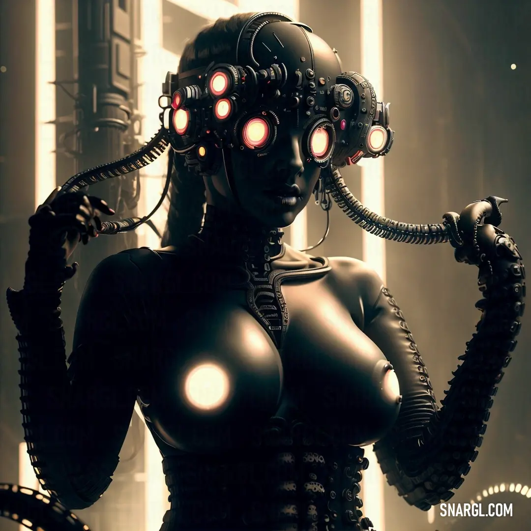 Woman with a robot head and lights on her face and chest. Color RGB 37,40,43.