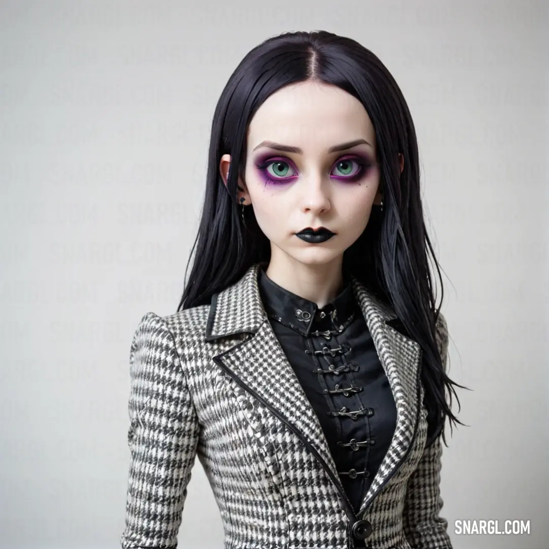 Doll with black hair and a suit jacket on a table with a white background. Color PANTONE 427.
