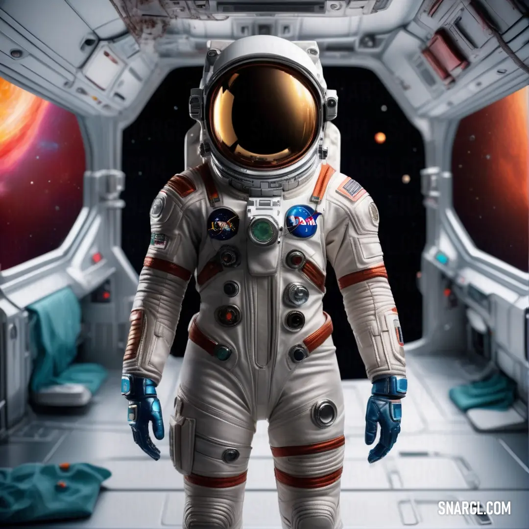 Man in a space suit standing in a space station with a view of the earth and a red planet in the background. Color RGB 216,218,217.