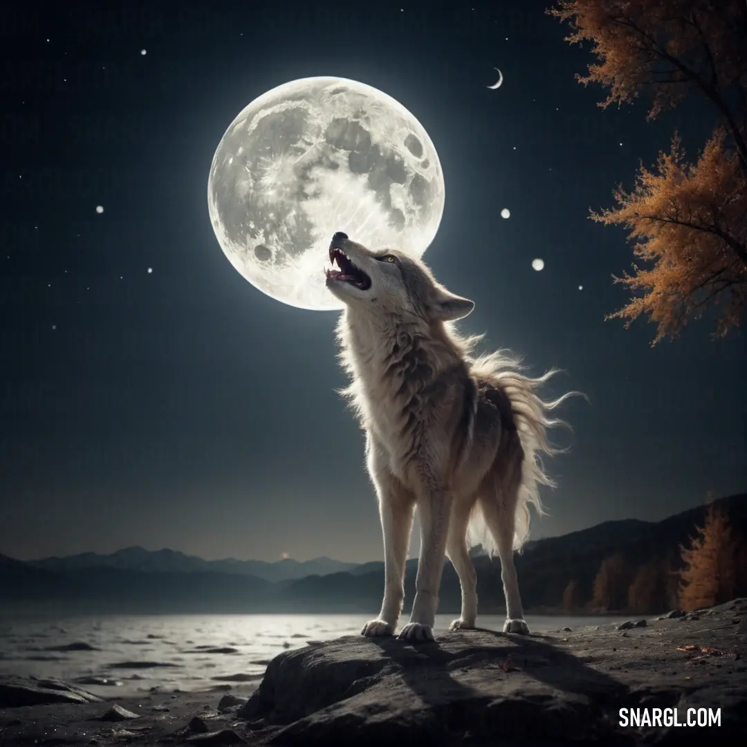 Wolf standing on a rock with its mouth open and the moon in the background. Example of PANTONE 427 color.