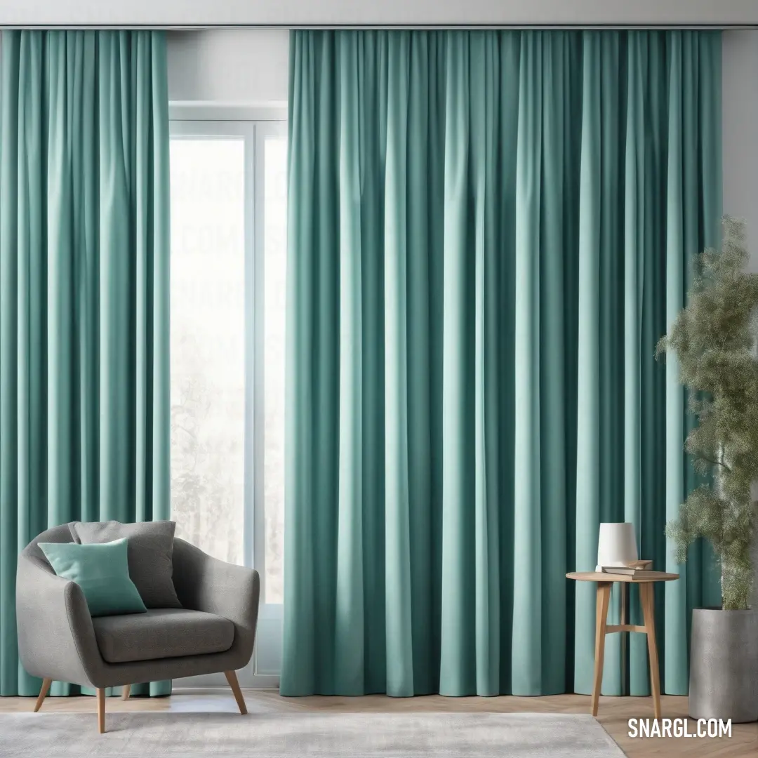 Living room with a chair and a curtain in it's window sill. Example of RGB 201,206,209 color.