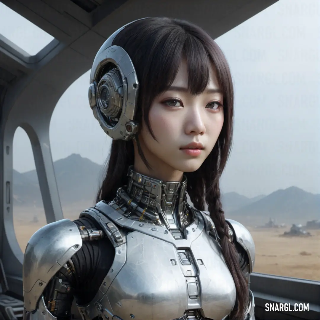 Woman in a futuristic suit with a helmet on her head and a sci - fi. Example of RGB 201,206,209 color.