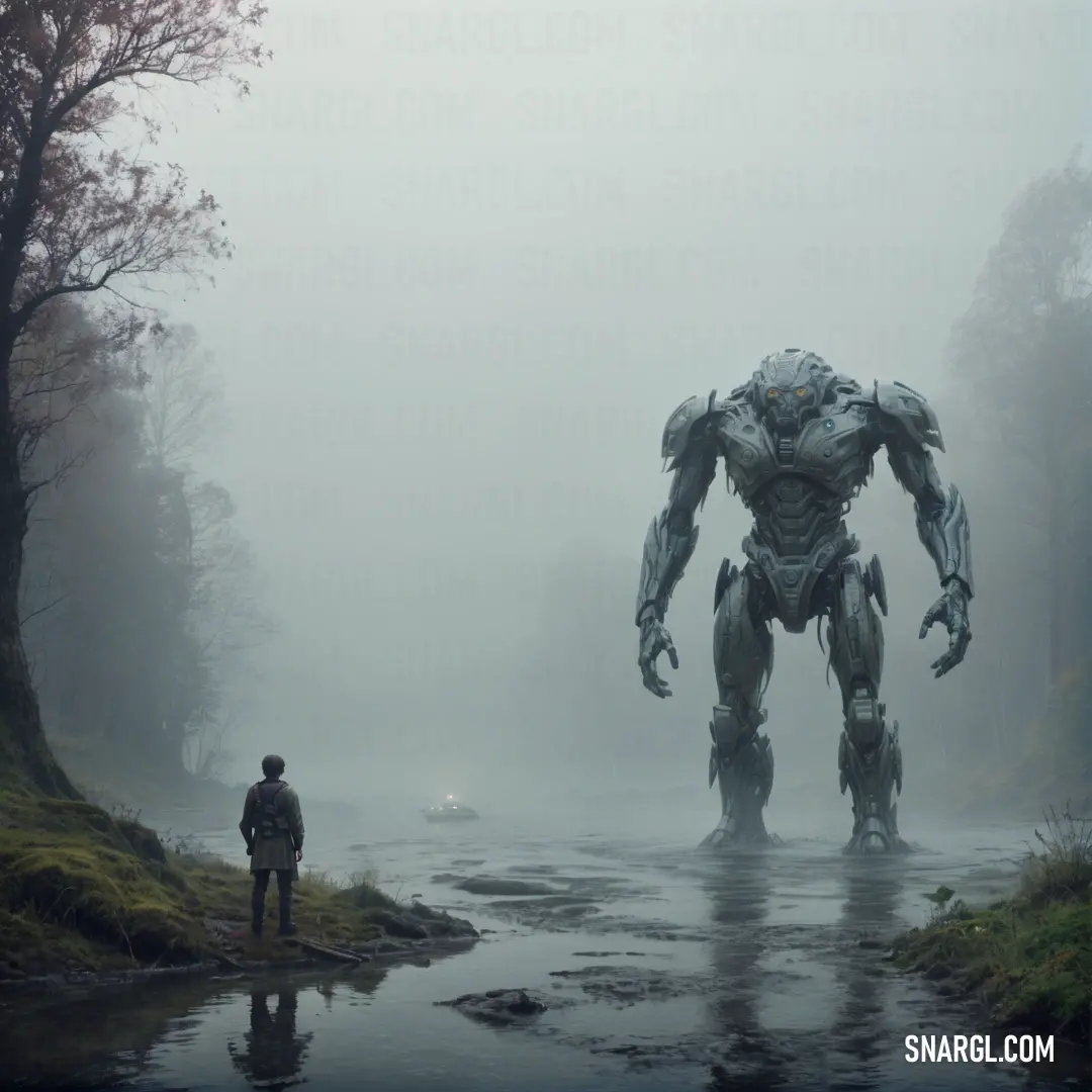 PANTONE 429 color. Man standing in a puddle next to a giant robot in a forest with fog and trees on a foggy day