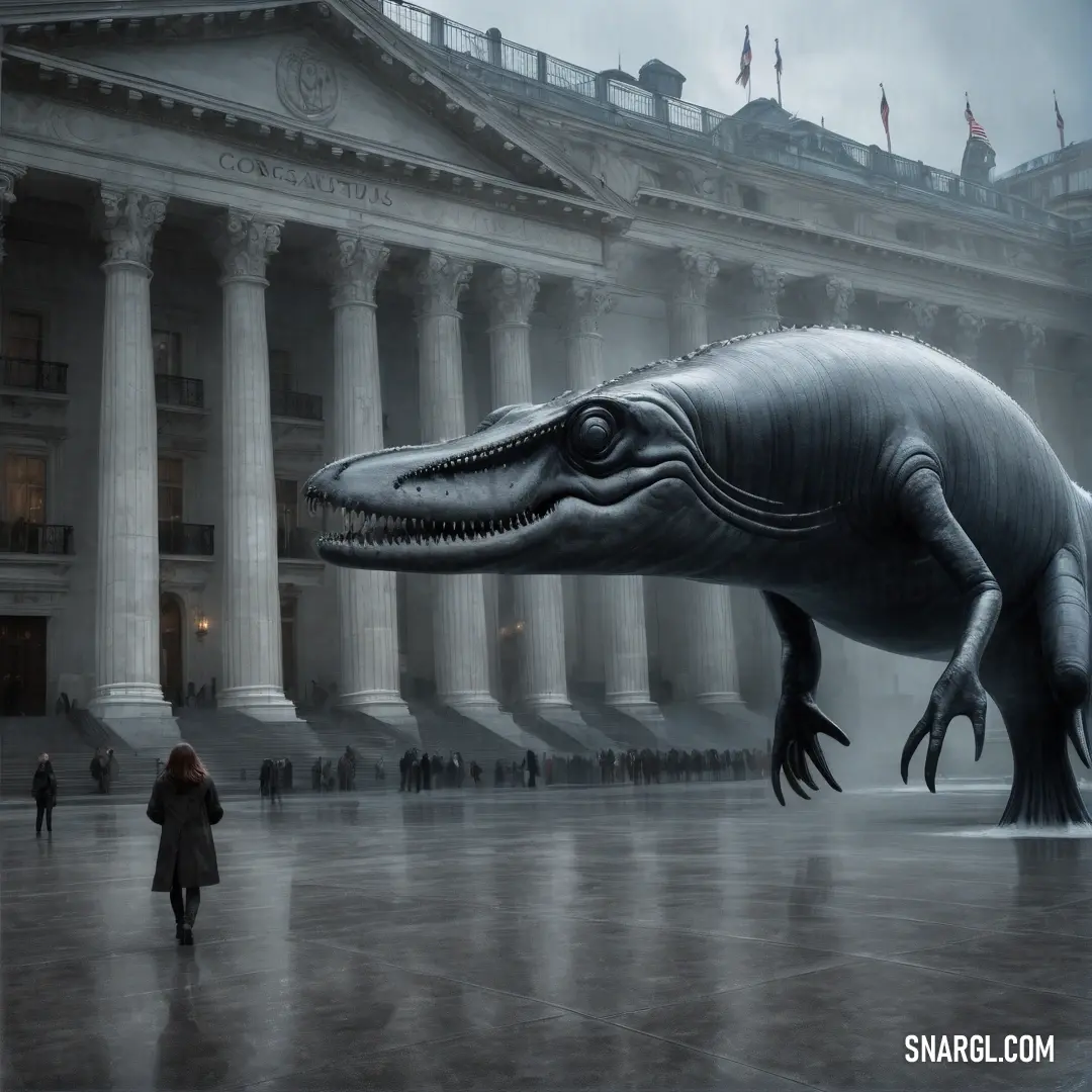 Giant dinosaur statue in front of a building with columns and columns on it's sides. Color PANTONE 431.