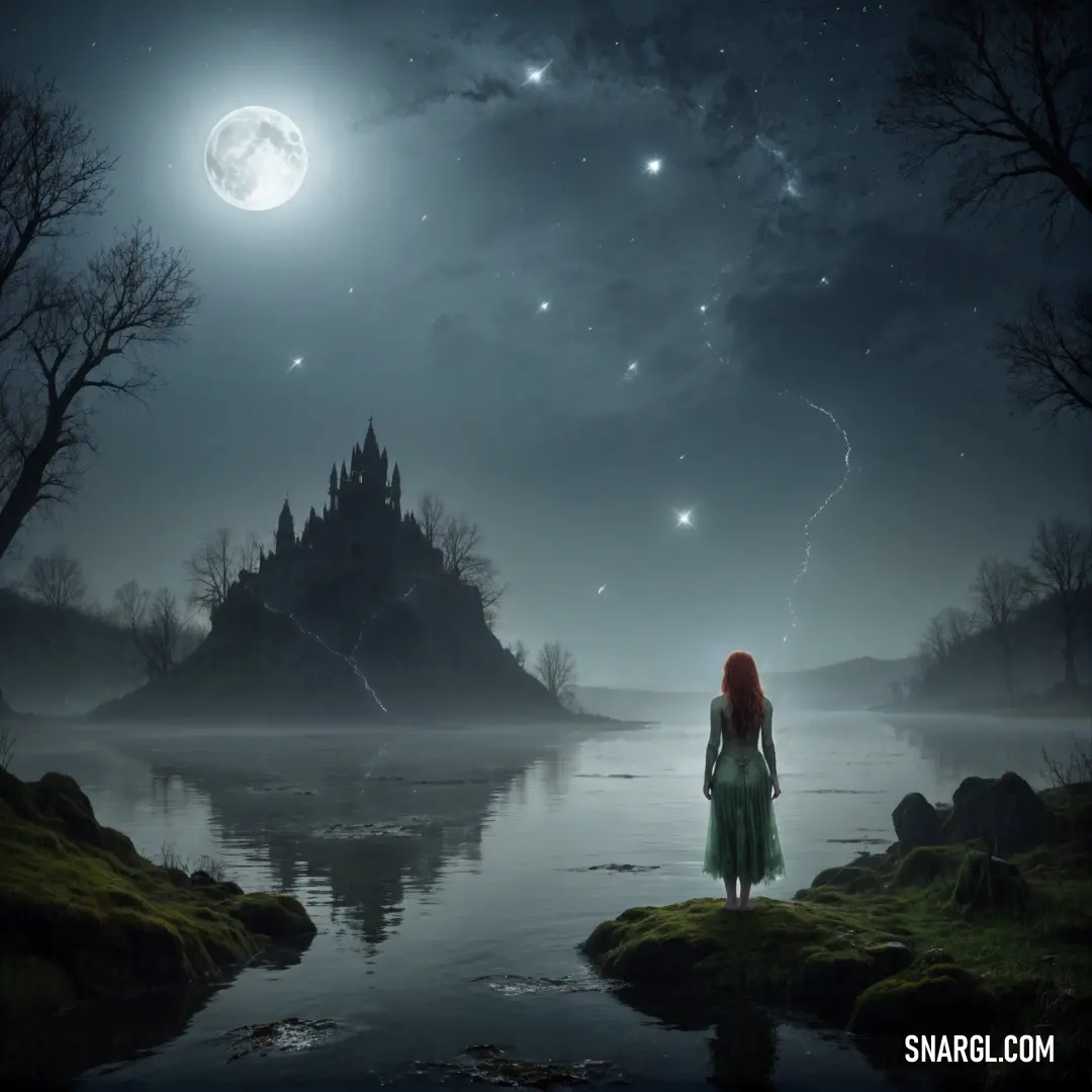 Woman standing on a rock looking at the stars in the sky above a lake and a castle in the distance. Example of PANTONE 431 color.