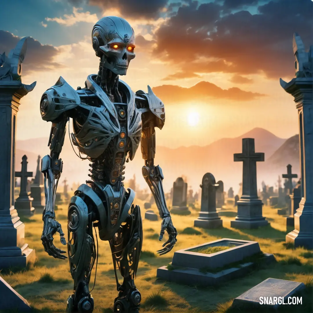 Robot standing in a graveyard with a sunset in the background and a cemetery with tombstones in the foreground