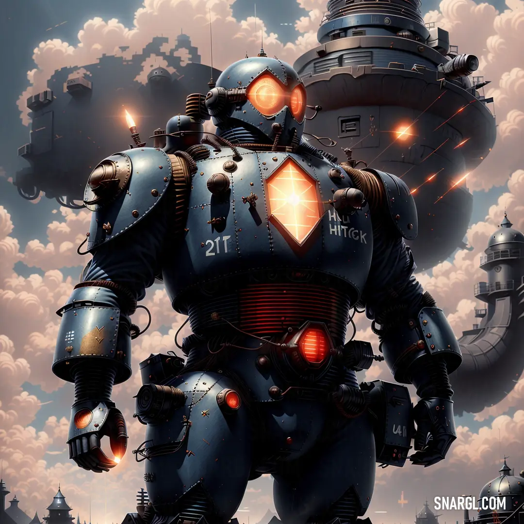 Robot standing in front of a large ship in the sky with a lot of clouds behind it and a giant robot in the foreground