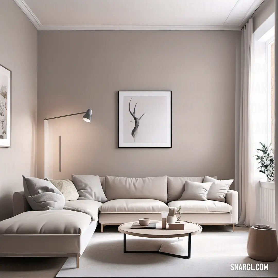 Living room with a couch, table. Color PANTONE 434.