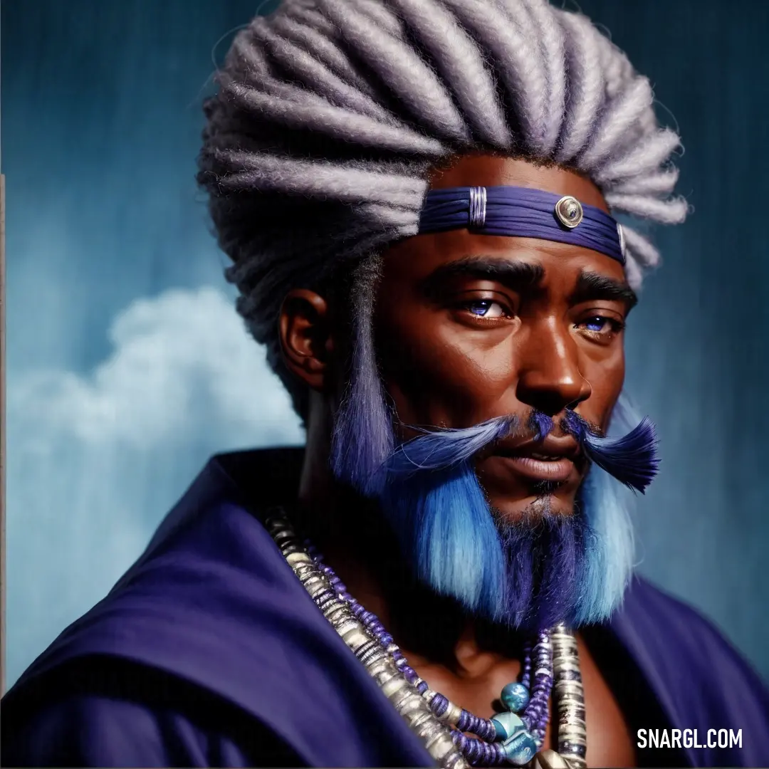 Man with a blue beard and a white wig and a blue beard and a blue. Example of CMYK 5,11,8,12 color.