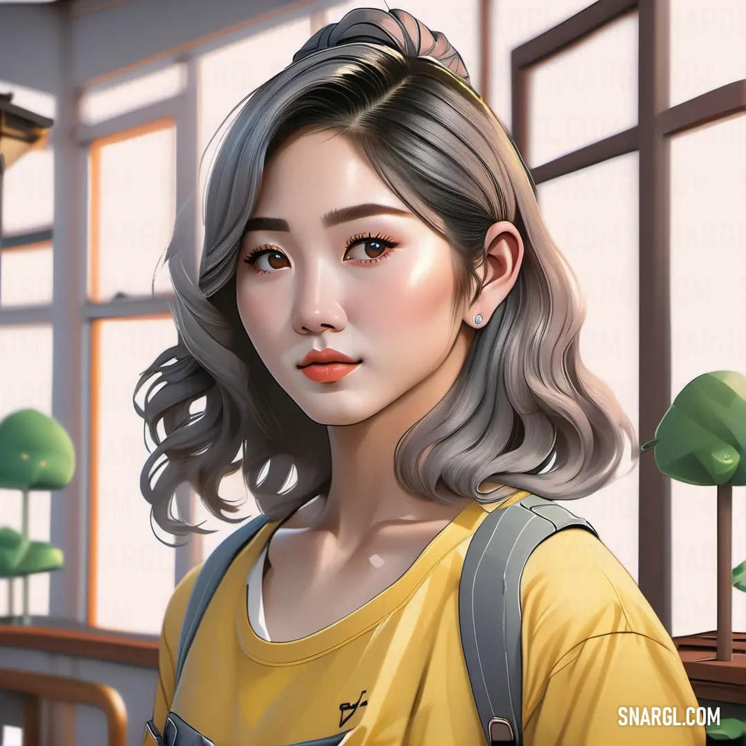 Woman with grey hair and a yellow shirt is looking at the camera and has a backpack on her shoulder. Color RGB 193,183,187.