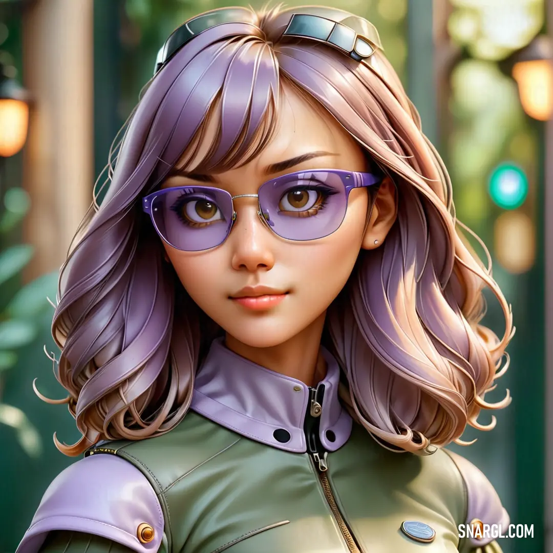 Digital painting of a woman wearing glasses and a green jacket with a purple hair and glasses on her face. Example of RGB 176,162,170 color.