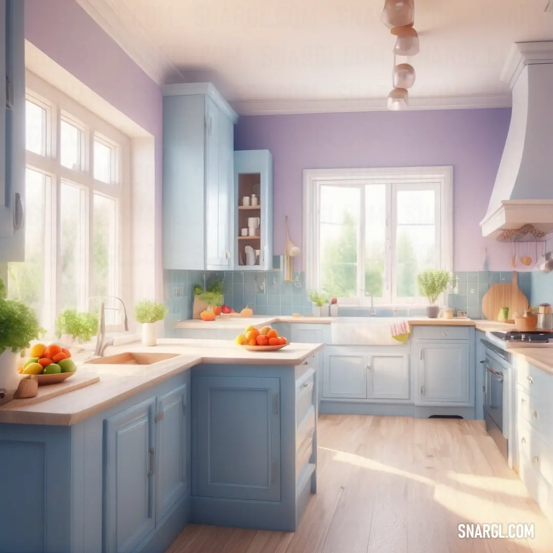 Kitchen with blue cabinets and a wooden floor and a window with a view of the outside of the room. Color CMYK 12,24,9,28.