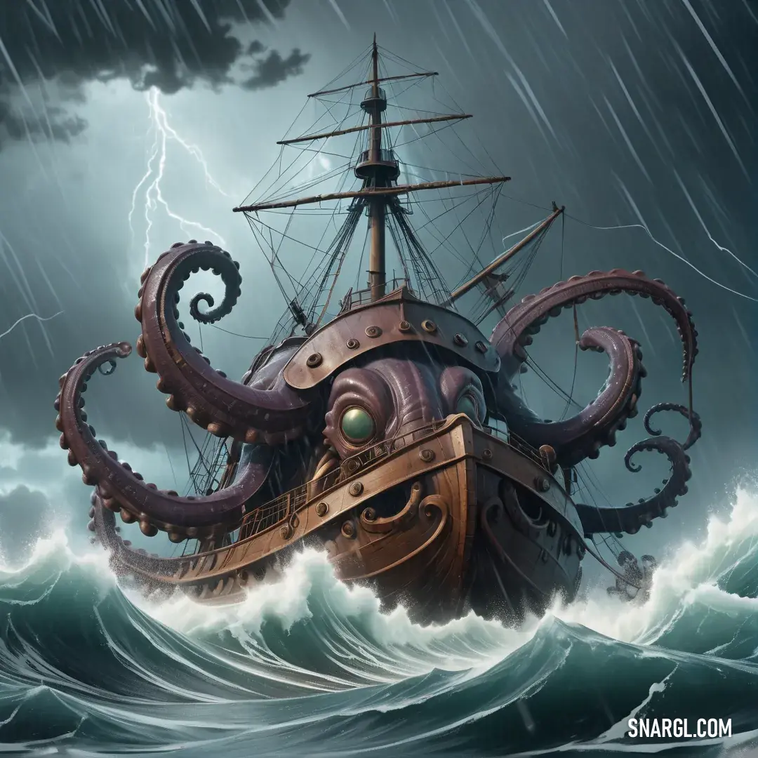 Octopus is riding on a ship in the ocean with a lightning bolt in the background. Color PANTONE 438.