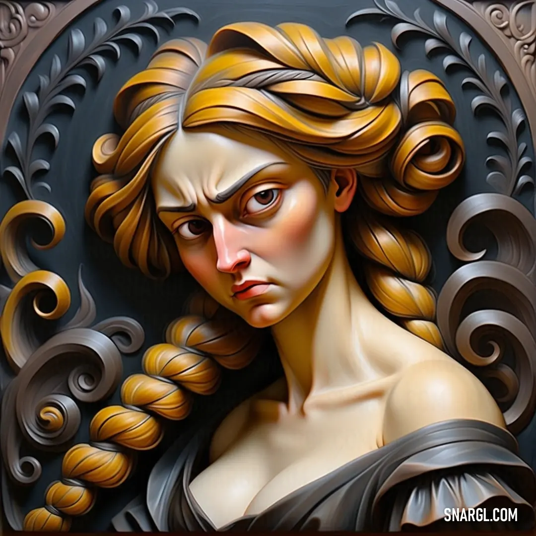 Painting of a woman with long hair and a braid in her hair, with a black background. Example of #554848 color.