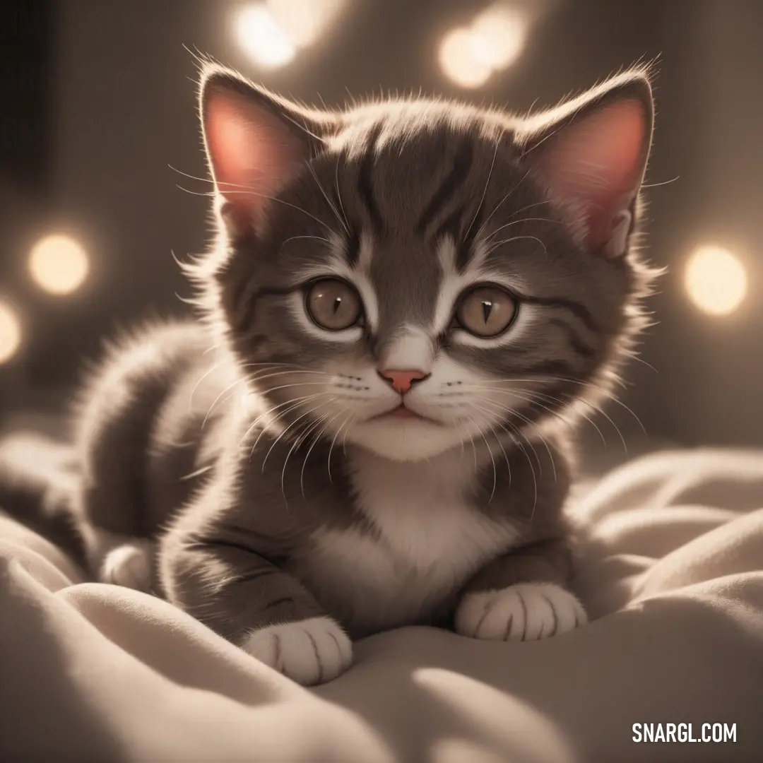 Small kitten on a bed with a light in the background. Color PANTONE 438.